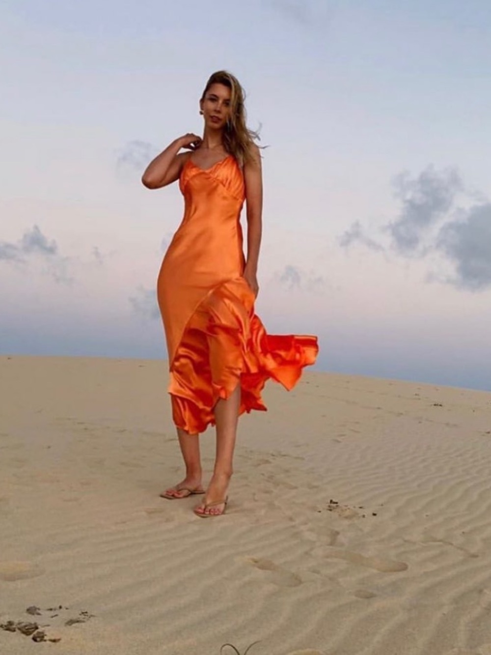 The Line by K Allegra Orange Satin Midi Slip Dress with Ruffle Hem